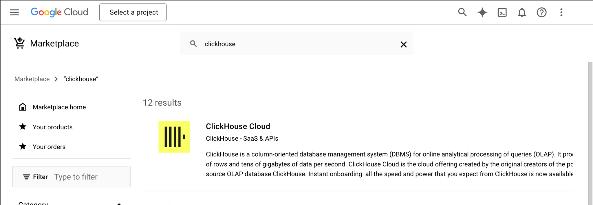 GCP Marketplace home page - Zoomed