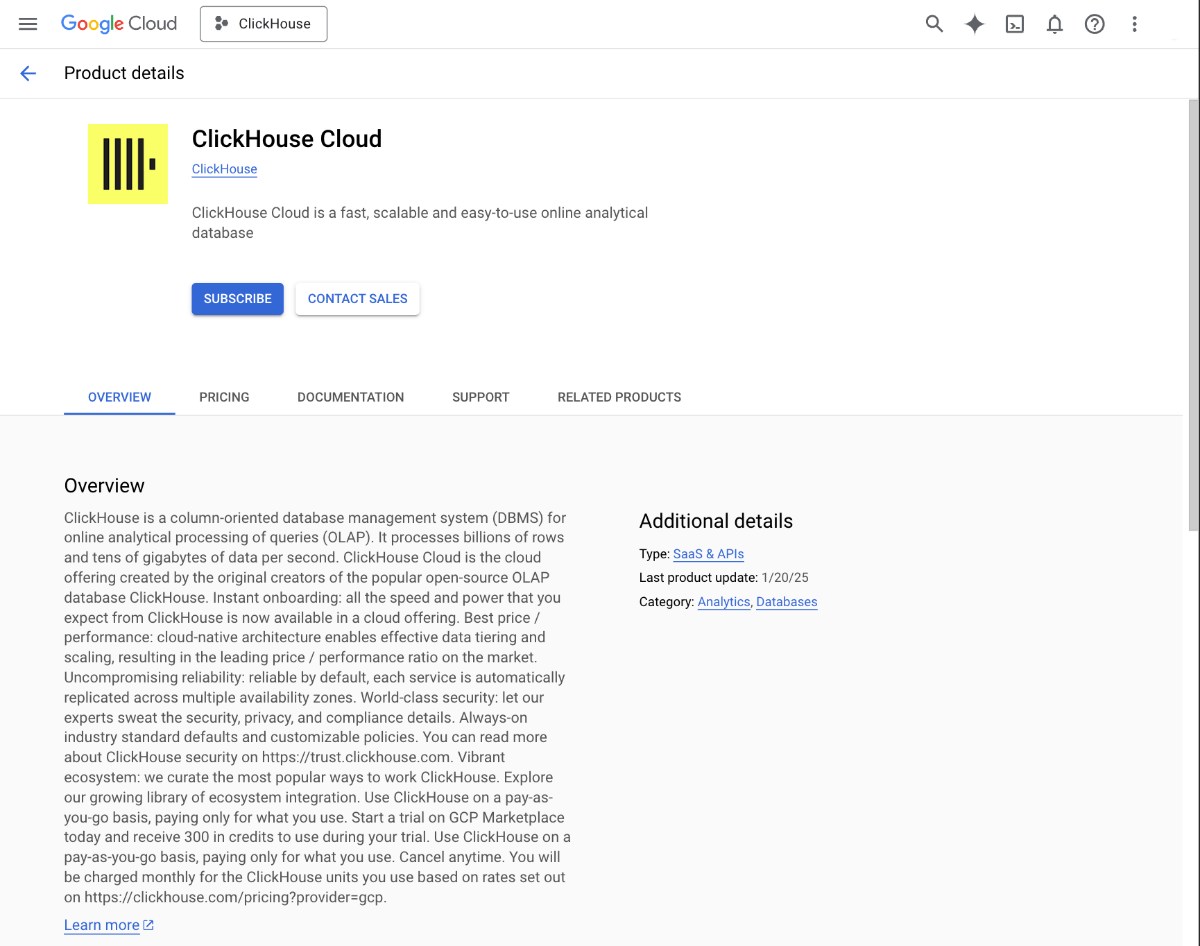ClickHouse Cloud in GCP Marketplace - Zoomed